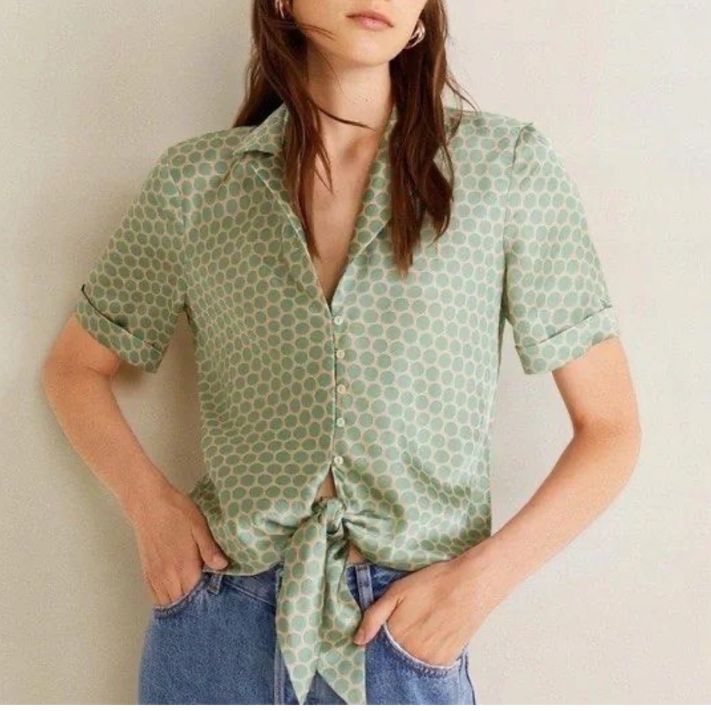 MNG Suit Women's Polka Dot Cuffed Short Sleeve Tie Front Blouse Size Large